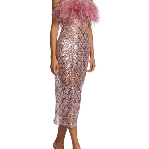 NWT BRONX AND BANCO Coco x Afiya Sequin Ostrich Feather Midi Dress Rose Pink - Picture 4 of 6